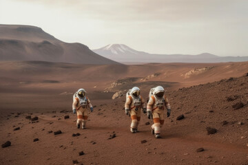 Astronauts wearing space suits walking on red planet. Martian colony. Mars colonization. Created with Generative AI