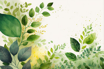 Spring watercolor illustration with green leaves and branches. Generative AI illustration.