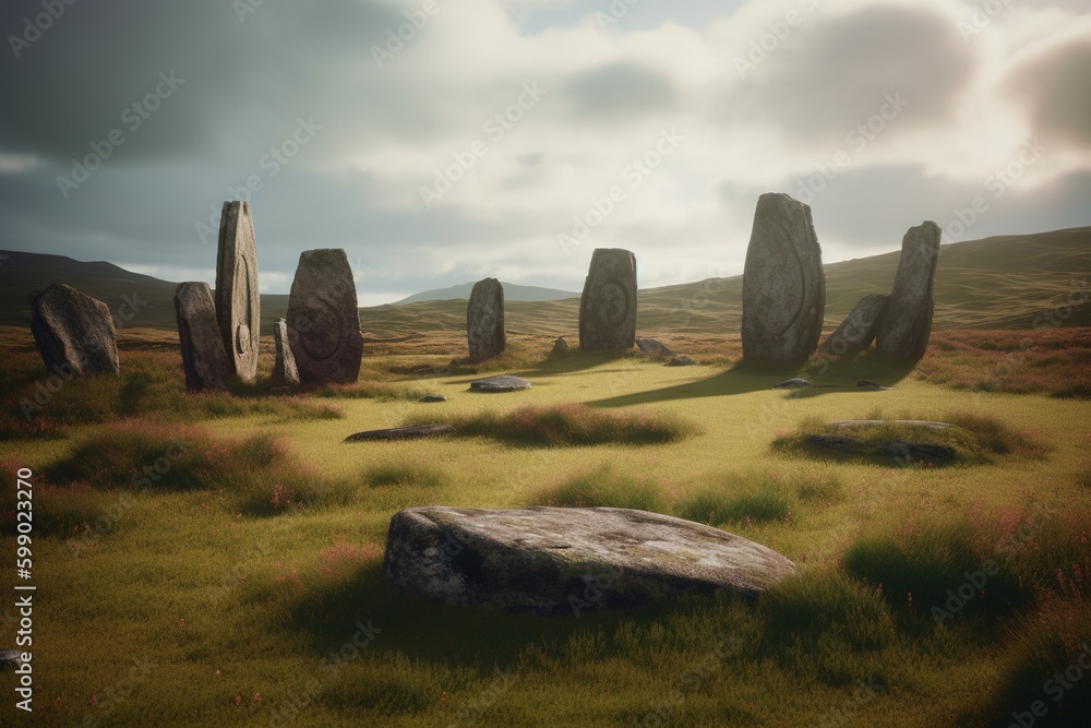Poster a cluster of huge boulders situated in the middle of a green field generative ai