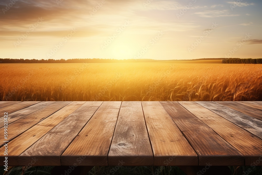 Poster a table made of wood that is placed in front of a wheat field. generative ai