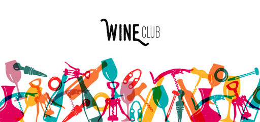 Multicolor wine club doodle vector design. Colorful kitchen elements on isolated white background. Use for wallpaper, decoration and wrapping paper.