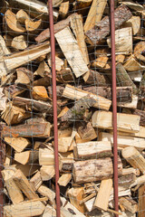 Cut firewood in a container- Wood as climate friendly, alternative, renewable, green energy source for heat or electricity instead of fossil fuels as oil or gas? close up, texture, nature background