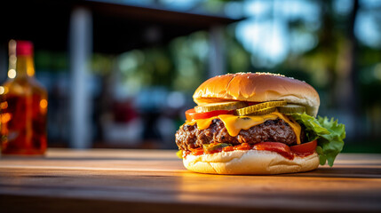 cheeseburger on wooden table background