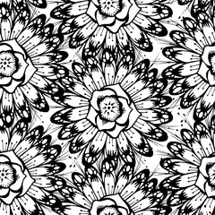 Hand drawn monochrome flowers in seamless pattern background design