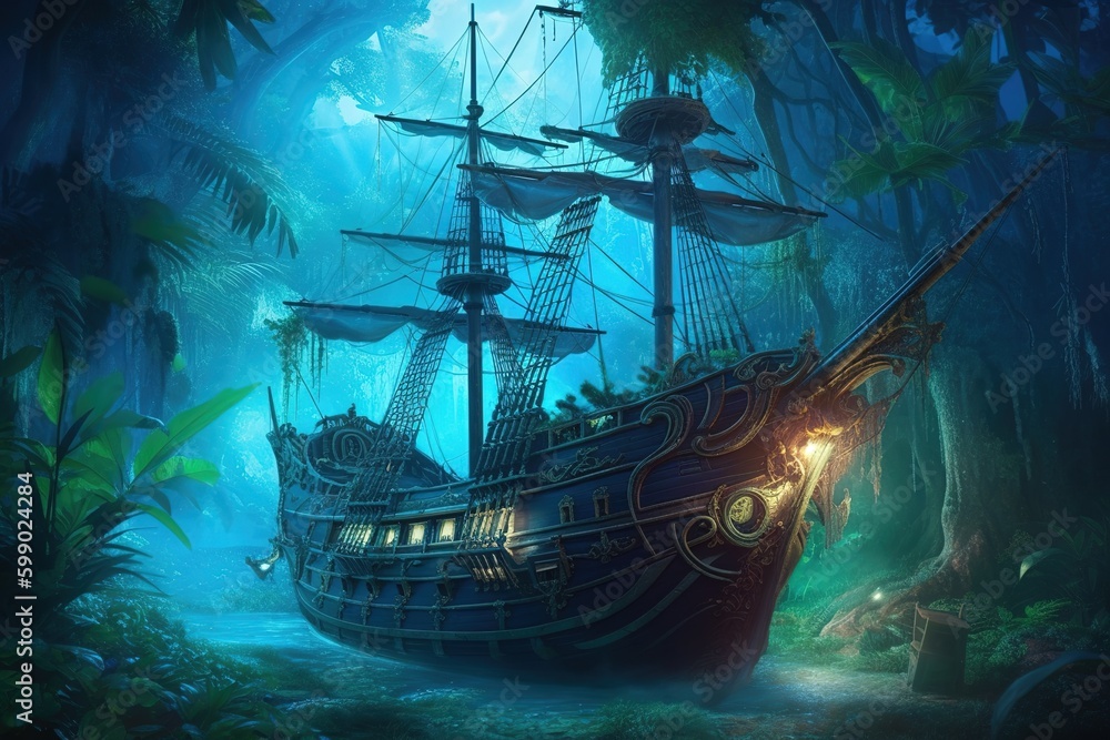 Poster an image depicting a ship full of pirates sailing in the midst of a forest generative ai