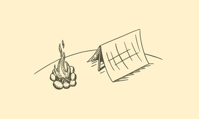 Tent near the campfire, hand drawn sketch vector illustration.
