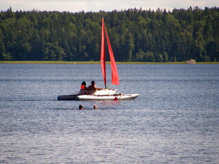 Catamaran with a red sail on the lake against the backdrop of the forest. Leningrad region, Russia.