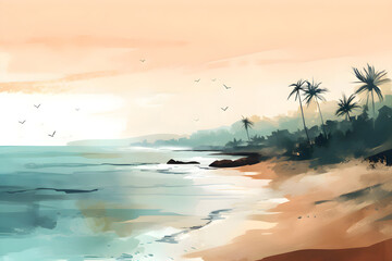 Sandy beach with palm trees near the ocean, summer vacation, watercolor, Generative AI 1