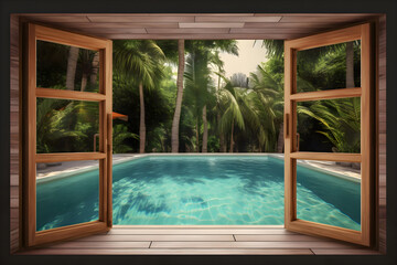 Fototapeta na wymiar Window view of tropical garden with swimming pool, Generative AI 3