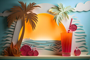 Fototapeta na wymiar Paper art, tropical cocktail on the ocean beach, summer vacation, Generative AI 1