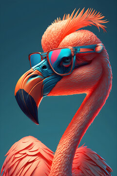 Pink flamingo in sunglasses on a blue background, Generative AI 1