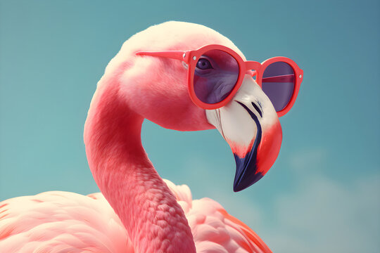 Pink flamingo in sunglasses on a blue background, Generative AI
