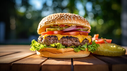 Cheeseburger on a wooden table outside