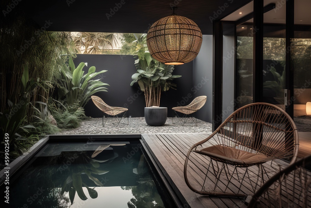 Poster a space that includes both a wicker chair and a swimming pool. generative ai