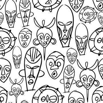 Monochrome tribal masks seamless pattern background design