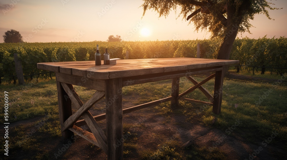 Poster a table made of wood placed smack dab in the midst of a field. generative ai