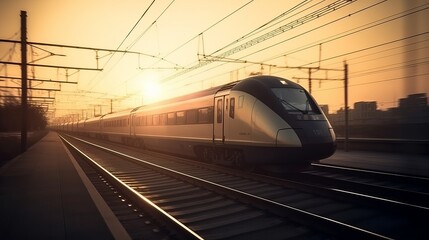 Fototapeta premium High speed train silhouette in motion at sunset. Fast moving modern passenger train on railway platform Generative AI
