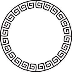 Circle frame with seamless greek meander pattern. Decorative borders constructed from continuous lines, shaped into repeated motif. Hand drawn doodle illustration