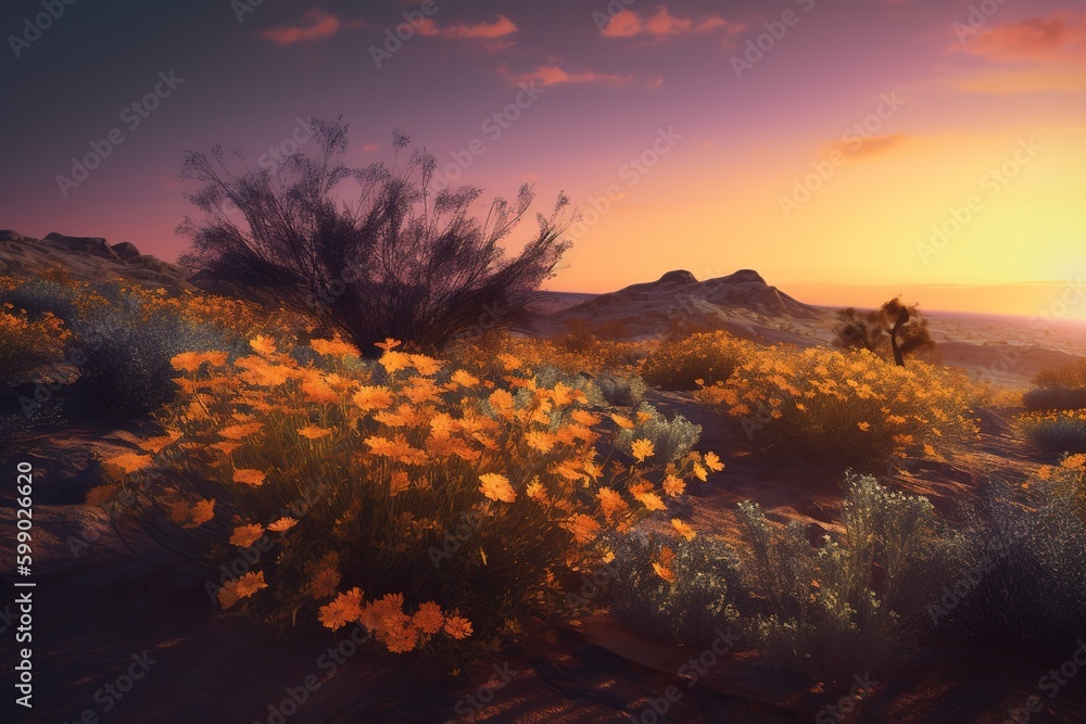 Poster a picture of a desert with flowers and a setting sun in the backdrop generative ai