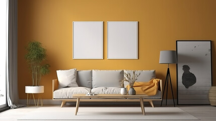 Picture frame mockup psd hanging in modern living room home decor interior. Generative Ai