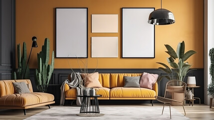 Picture frame mockup psd hanging in modern living room home decor interior. Generative Ai