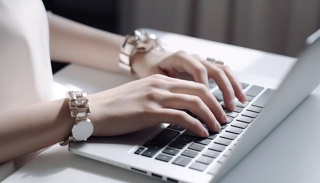 Woman hands typing on computer keyboard closeup, businesswoman or student using laptop at home, online learning, internet marketing, working from home, office workplace freelance concept
