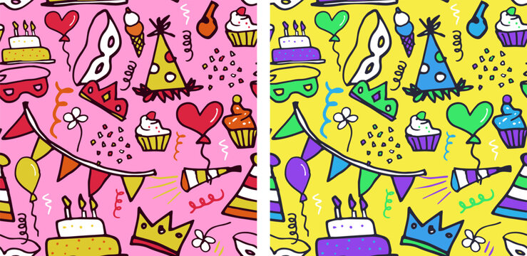 Fun happy birthday doodle. Seamless pattern set design.
