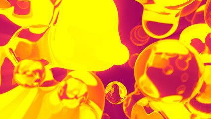 glittering goldish yellow transpicuous fluid metaspheres on red backdrop - abstract 3D rendering