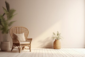 Empty wall mockup in warm neutral beige room interior with wicker armchair, palm plant in woven basket, boho style decoration and free space, 3d rendering