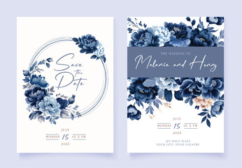 Watercolor Navy blue floral wedding invitation cards template