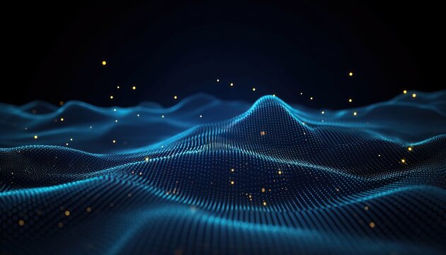 Data technology background with dots and binary code on 3D wave landscape. Big data and science, computing, digital processing and storage, virtual reality, cyberspace, metaverse, high speed internet