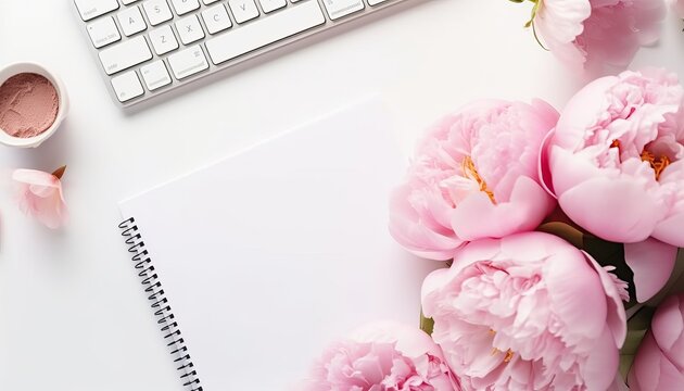 Planning the day, writing a to do list, checklist, top view of a feminine workspace, desk with an open ringbinder a ballpoint pen, computer tools, peony flowers and black coffee, business concept