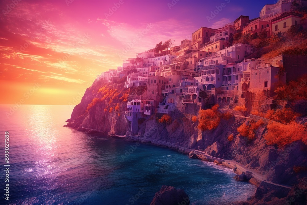 Poster a depiction of a city perched on top of a cliff with a view of the ocean generative ai