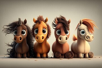 Cute cartoon horses, eyes wide opened, horse family, looking, AI generated art, comic animals, 3d render, wall art, wallpaper frame art