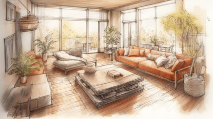 Modern Living Room Architectural Pencil Sketch