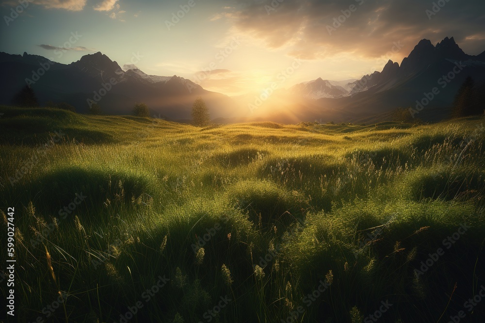 Poster a mountain range standing in the distance behind a green area. generative ai