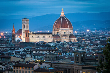 Florence, Italy and the Cathedral Santa Maria seen from the Piazzale Michelangelo at dusk