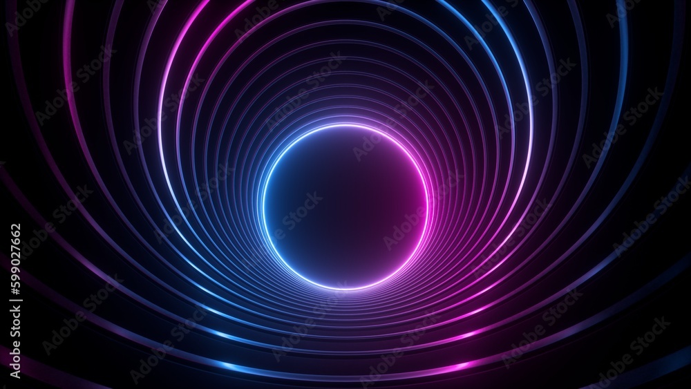 Aufkleber 3d render, abstract geometric background with glowing neon ring at the end of the virtual round tunn