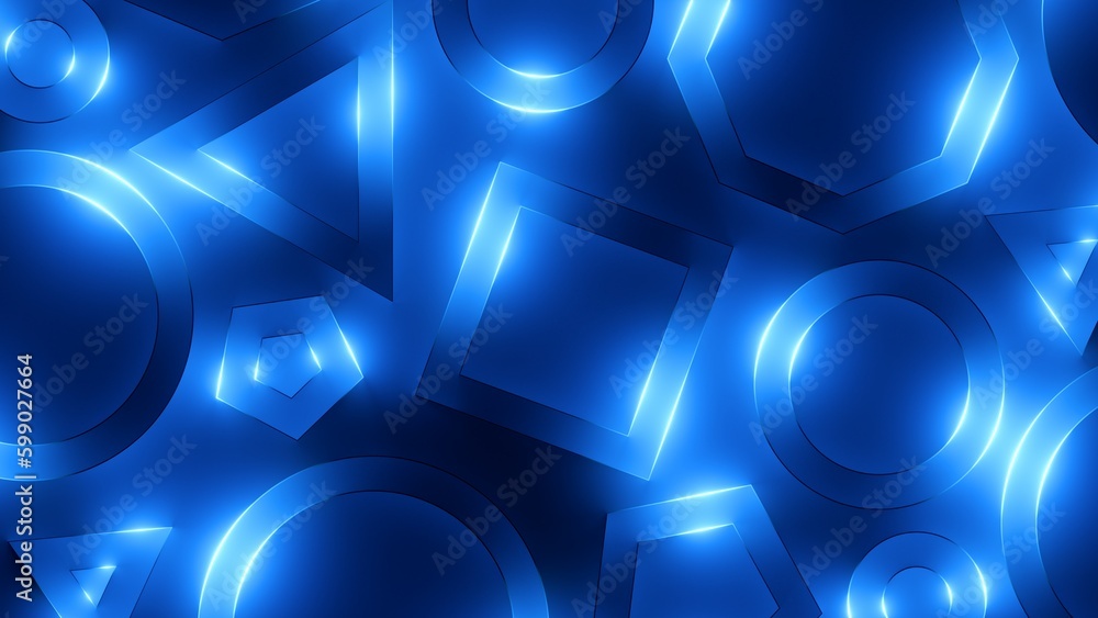 Wall mural 3d render, abstract geometric background. assorted neon linear shapes glowing in the dark. minimalis