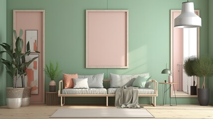 Home interior with decoration and poster mockup, 3d render, Bright color. Generative Ai