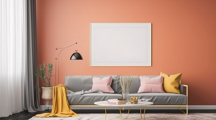 Home interior with decoration and poster mockup, 3d render, Bright color. Generative Ai