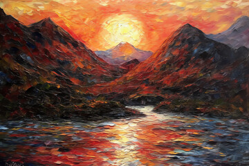 Mountain Range at Sunset - Impressionist Fine Art Painting