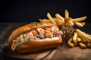 lobster roll with a side of crispy French fries and creamy coleslaw