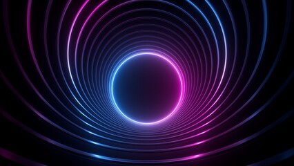 Fototapeta premium 3d render, abstract geometric background with glowing neon ring at the end of the virtual round tunnel