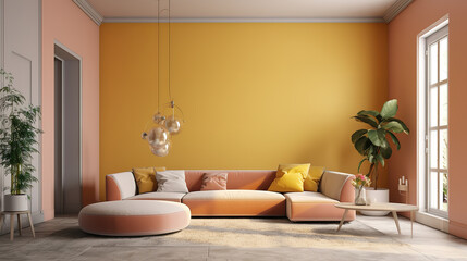 Minimalist modern living room interior background, 3D render. Generative Ai