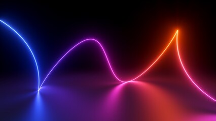 3d render, abstract simple background. Glowing curvy neon line with loops, red pink blue violet gradient, minimalist wallpaper