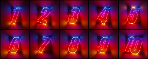 3d render, set of neon numbers from one to ten, digital symbols, illuminated with red blue gradient light