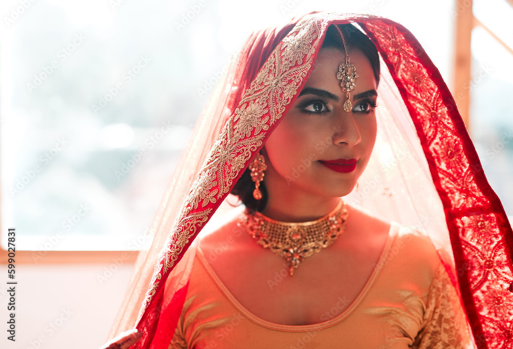 Sticker Makeup, jewellery, outfit...everything is perfect. a beautiful young woman getting ready for her wedding.