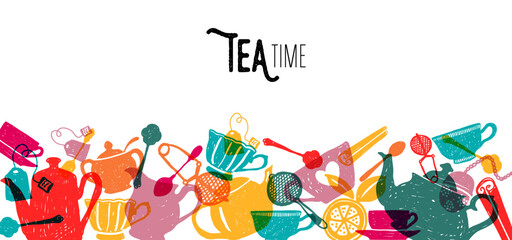 Tea time colorful banner on white background design