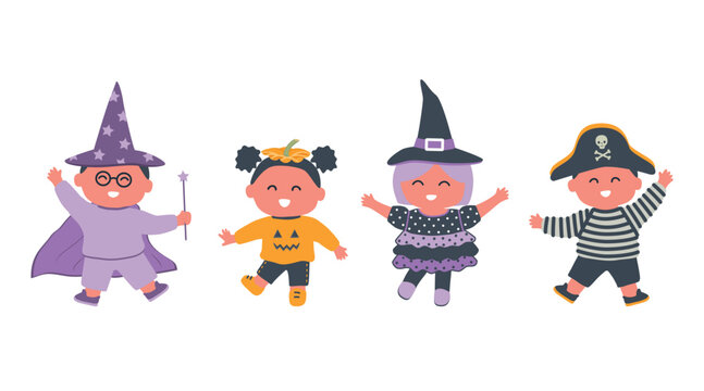 Halloween kids party. Children in halloween costumes. Witch, pirate, pumpkin and wizard in the image. Vector illustration